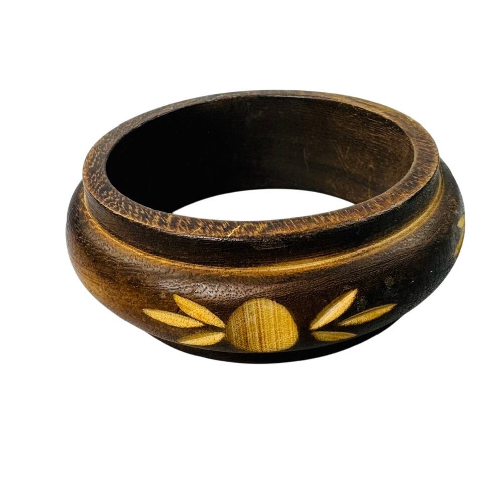 Vintage Wooden Carved Wide Bracelet 8"